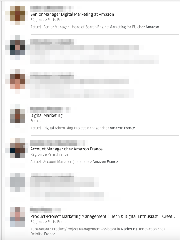 liste (suite) des personnes travaillant dans le markerting digital chez Amazon grâce à LinkedIn